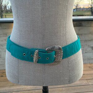 Vintage 90s Aqua Blue Fabric Statement Large Silver Western Buckle Waist Belt